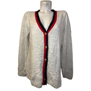CROWN & IVY Sweater Women's Size L Cream Striped Trim Long Slv Button Cardigan